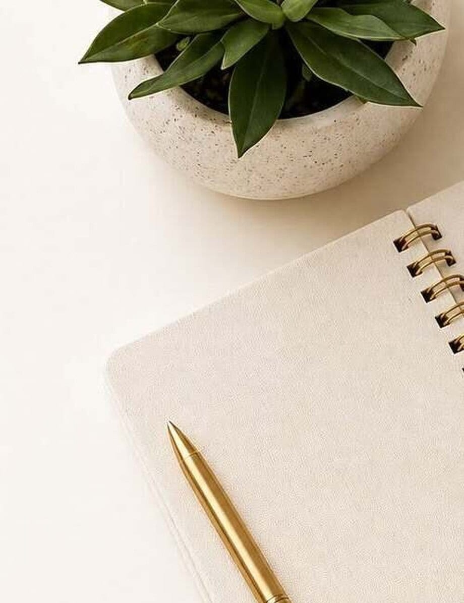 Organized cream desk with a plant, gold pen, notebook and coffee